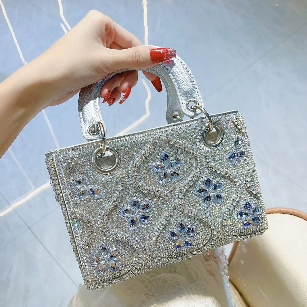 Handmade light luxury women’s evening handbag styled as a scarf from Mohamad Collection, featuring elegant fabric and intricate design.