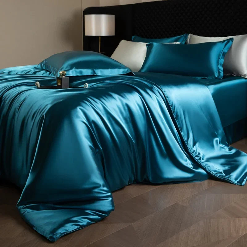 Luxurious silk bed sheets set with duvet cover, pillowcases, and fitted sheets in king and queen sizes, from 𝕄𝕔 𝕋𝕙𝕖 𝔹𝕝𝕒𝕔𝕜 𝔻
