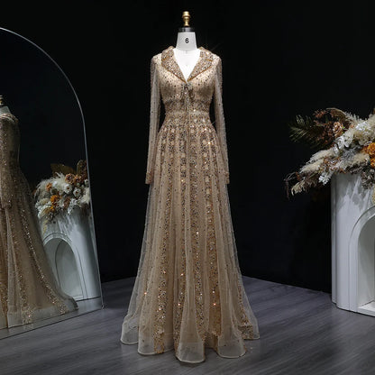 Elegant MC THE BLACK DIAMOND MC brand long sleeve formal evening dress with a sleek silhouette and intricate detailing.