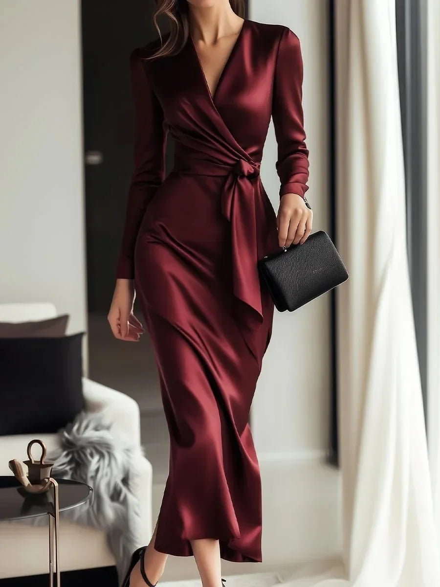 Long sleeve V-neck gown with waist belt, ankle-length dress from 𝕄𝕔 𝕋𝕙𝕖 𝔹𝕝𝕒𝕔𝕜 𝔻𝕚𝕒𝕞�
