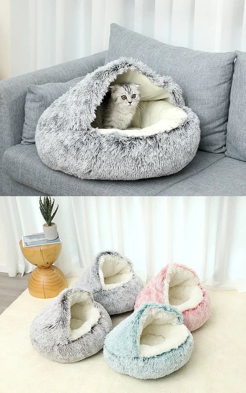 Soft round plush cat bed by MC THE BLACK DIAMOND, cozy winter pet cat cave and nest for small cats and kittens.