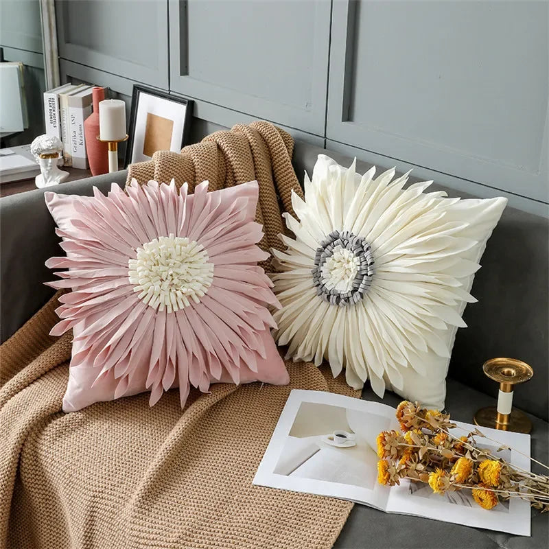 Pink and white velvet throw pillow with 3D chrysanthemum stitching, 45x45cm, home decor cushion with blue case by MC THE BLACK DIAMOND