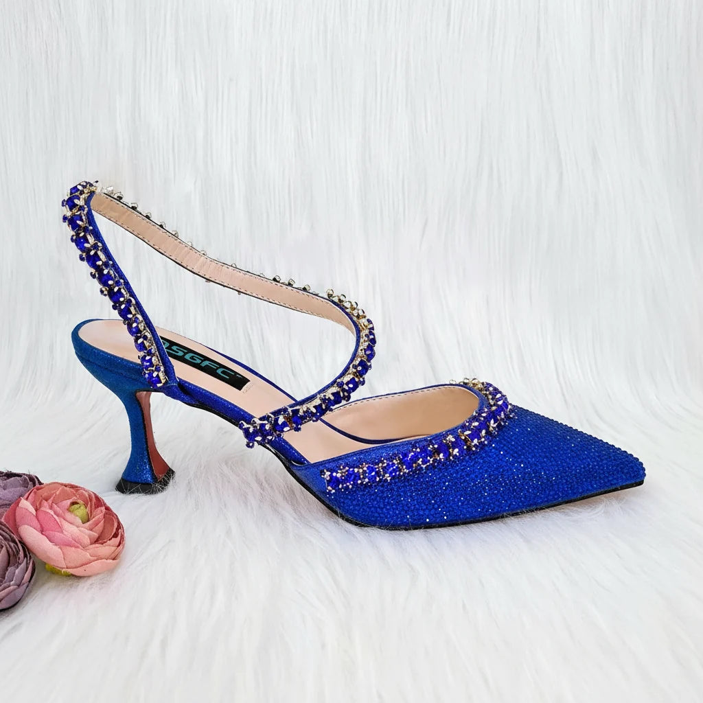Royal blue high heels and metallic bucket bag with drill chain decoration by MC THE BLACK DIAMOND, perfect for fashion and banquets.