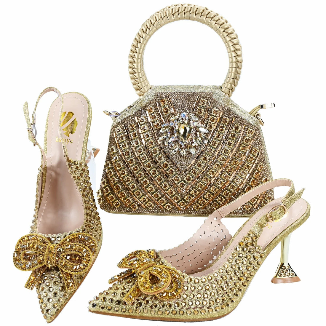 Elegant black leather heels and matching evening bag with decorative stones from Mohammad Collection, perfect for parties.
