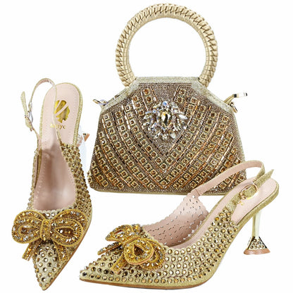 Elegant black leather heels and matching evening bag with decorative stones from Mohammad Collection, perfect for parties.