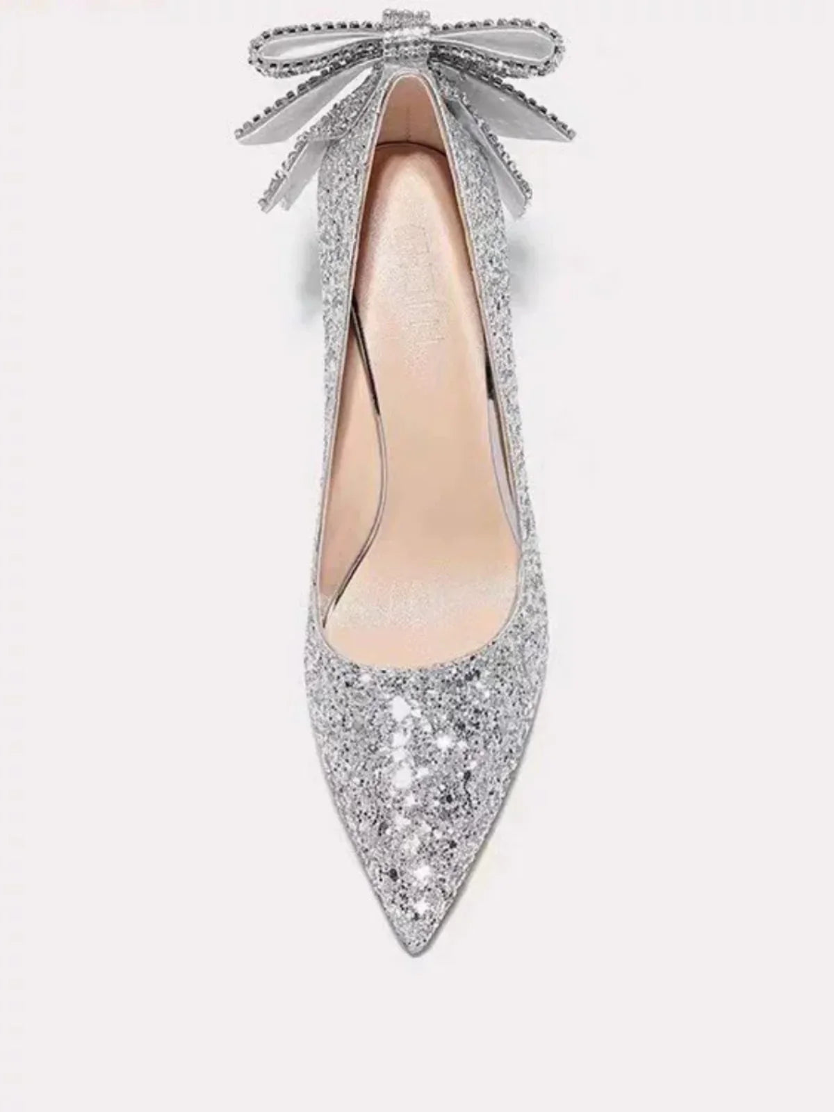 Silver crystal soft leather high heels by Mohammad Collection, pointed toe slip-on shoes for women, perfect for weddings and banquets.