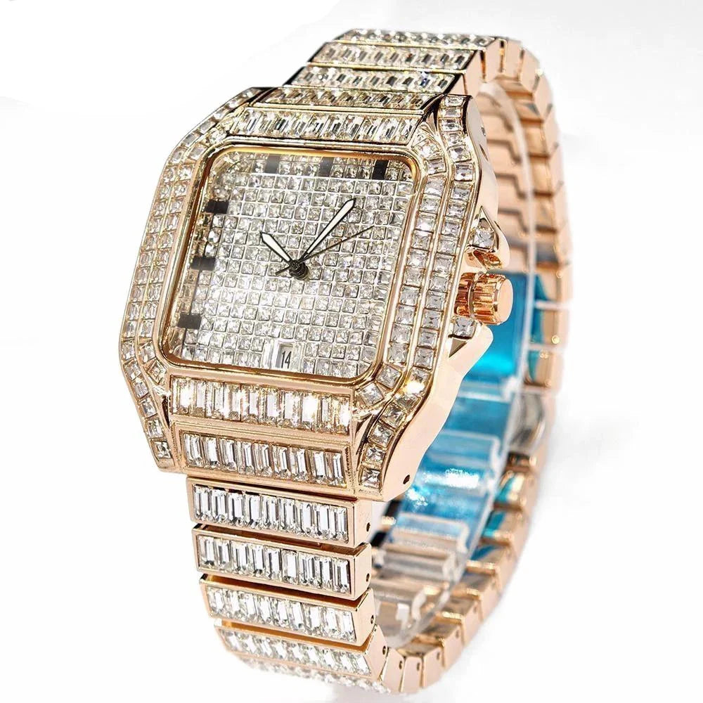 Luxury MC THE BLACK DIAMOND rose gold men’s square stainless steel quartz watch with iced-out diamonds and hip hop style.