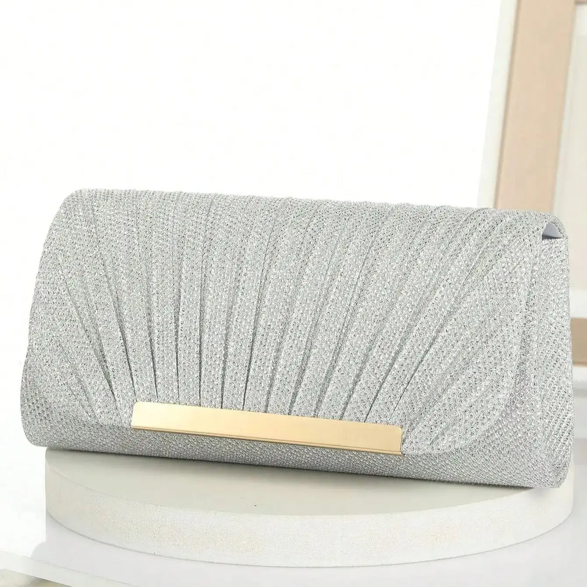 Metal luxury women evening handbag with ruched sequined design, small envelope shape, perfect for parties and weddings.