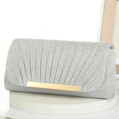 Metal luxury women evening handbag with ruched sequined design, small envelope shape, perfect for parties and weddings.
