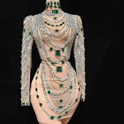 MC Women transparent rhinestones bodycon dress by MC THE BLACK DIAMOND, showcasing a fitted design with shimmering rhinestone details.
