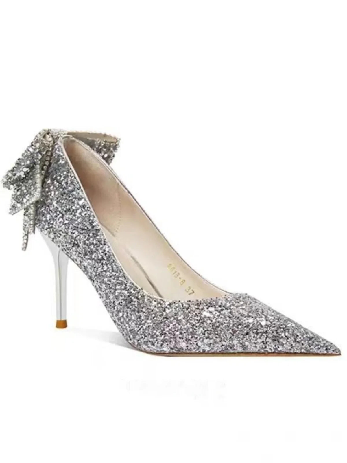 Silver crystal soft leather high heels slip-on shoes with pointed toes, designed for women’s weddings and banquets by Mohammad Collection.