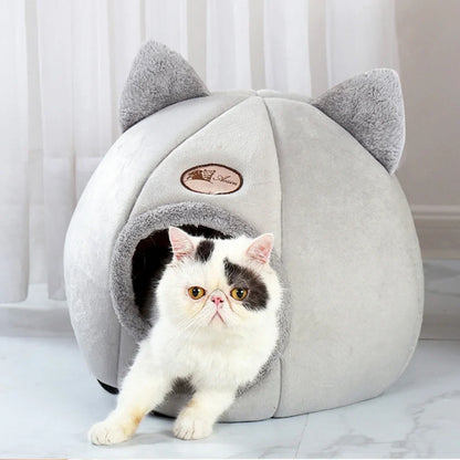 Soft pet cave bed by MC THE BLACK DIAMOND, designed for small to large cats, cozy hiding spot with plush interior.
