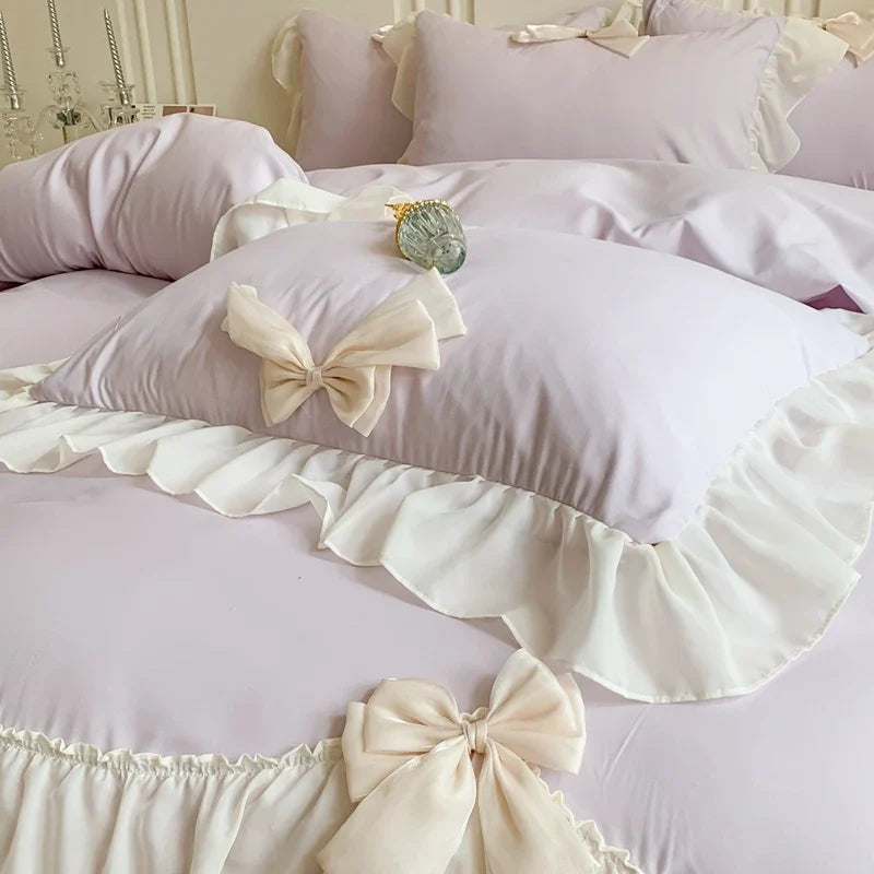 Three-piece white bedding set with ruffled duvet cover and bedsheets by 𝕄𝕔 𝕋𝕙𝕖 𝔹𝕝𝕒𝕔𝕜 𝔻𝕚𝕒𝕞