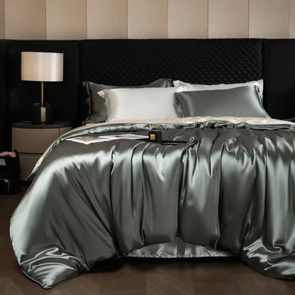Silk bed sheets set with duvet cover, fitted sheet, flat sheet, and pillowcases from 𝕄𝕔 𝕋𝕙𝕖 𝔹𝕝𝕒𝕔𝕜 𝔻𝕚�