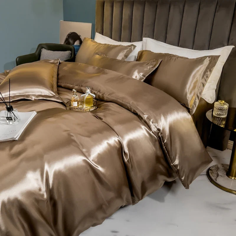 Solid silk bedding set with duvet cover, bedsheet, and rayon satin pillowcases from 𝕄𝕔 𝕋𝕙𝕖 𝔹𝕝𝕒𝕔𝕜 𝔻𝕚𝕒