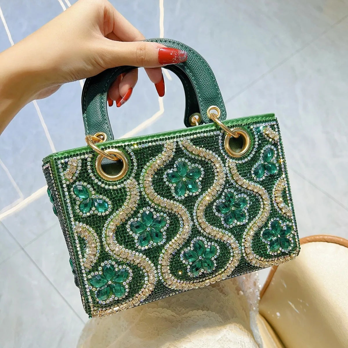 Handmade light luxury women’s evening handbag styled as a silk scarf from Mohammad Collection with elegant design and intricate details.