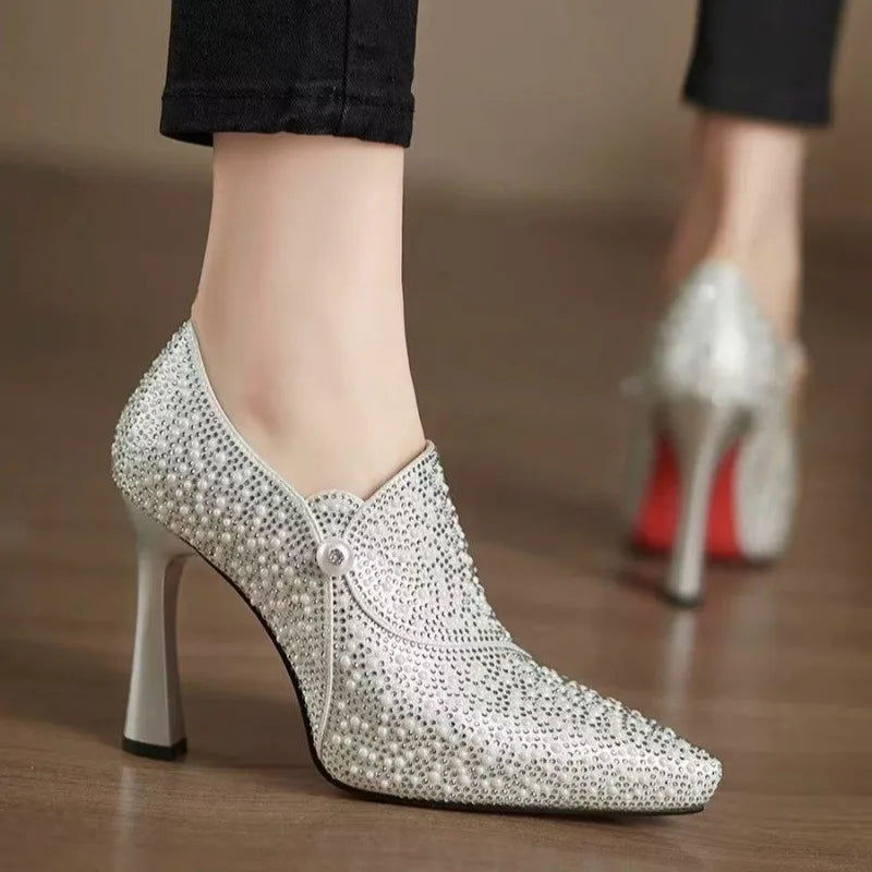 Rhinestone high heels by Mohammad Collection featuring pointed toe, pearl accents, crystal embellishments, perfect for wedding or formal occasions.
