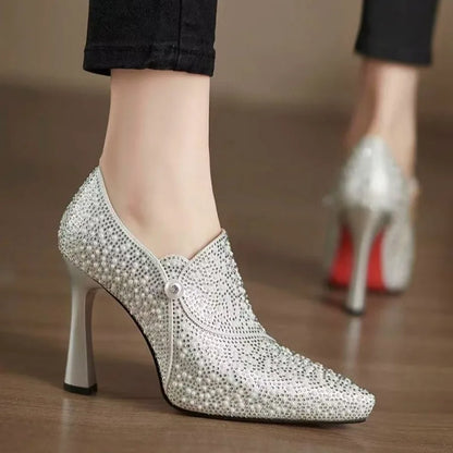 Rhinestone high heels by Mohammad Collection featuring pointed toe, pearl accents, crystal embellishments, perfect for wedding or formal occasions.