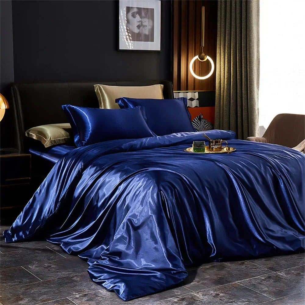 Luxury MC THE BLACK DIAMOND solid silk bedding set with duvet cover, bed sheet, and pillowcases in satin for king, queen, and twin beds.