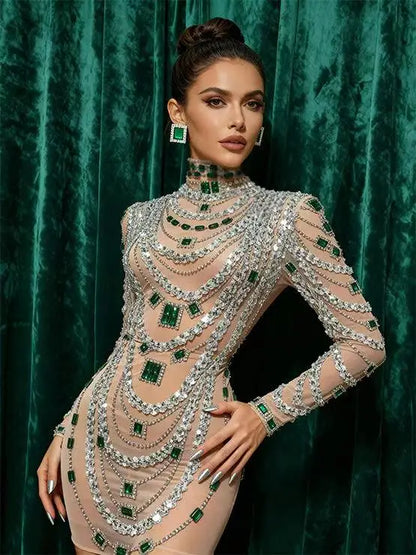 MC Women Transparent Rhinestones Bodycon dress by MC THE BLACK DIAMOND, showcasing a fitted, shimmering design with transparent rhinestone details.