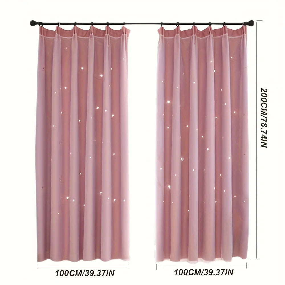 Two-panel blue curtains with double-layer design, princess style by MC THE BLACK DIAMOND, hanging in a window.