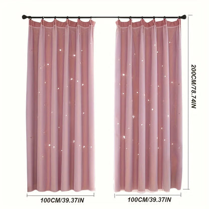 Two-panel blue curtains with double-layer design, princess style by MC THE BLACK DIAMOND, hanging in a window.