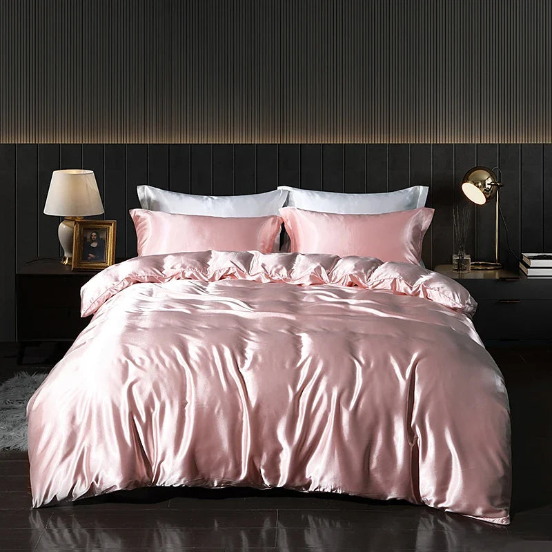 Luxury satin bedding set with fitted sheet and duvet cover from MC THE BLACK DIAMOND, featuring smooth, shiny satin fabric and elegant design.