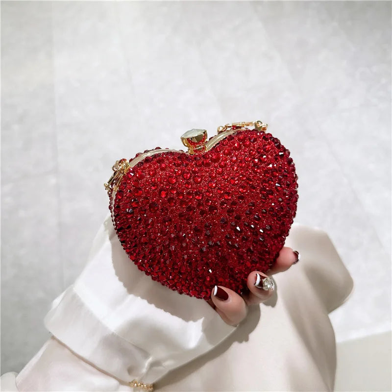 Luxury MC THE BLACK DIAMOND diamond inlay heart-shaped crystal clutch purse with rhinestone embellishments, evening wedding shoulder bag.