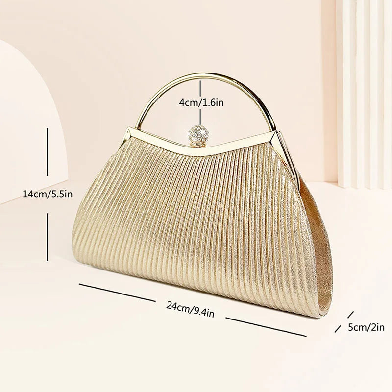 Gold MC THE BLACK DIAMOND pleated evening handbag with top handle, glitter clutch, diamond accents, perfect for wedding or party dress