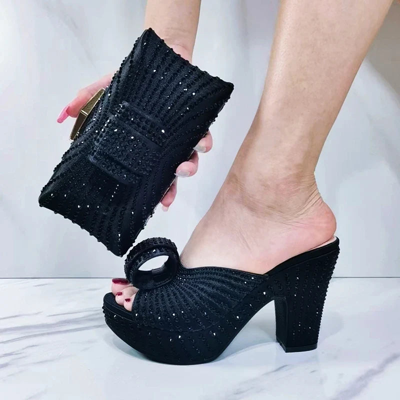 Elegant MC THE BLACK DIAMOND Italian designer heels and bags for women, featuring stylish black heels with intricate detailing.