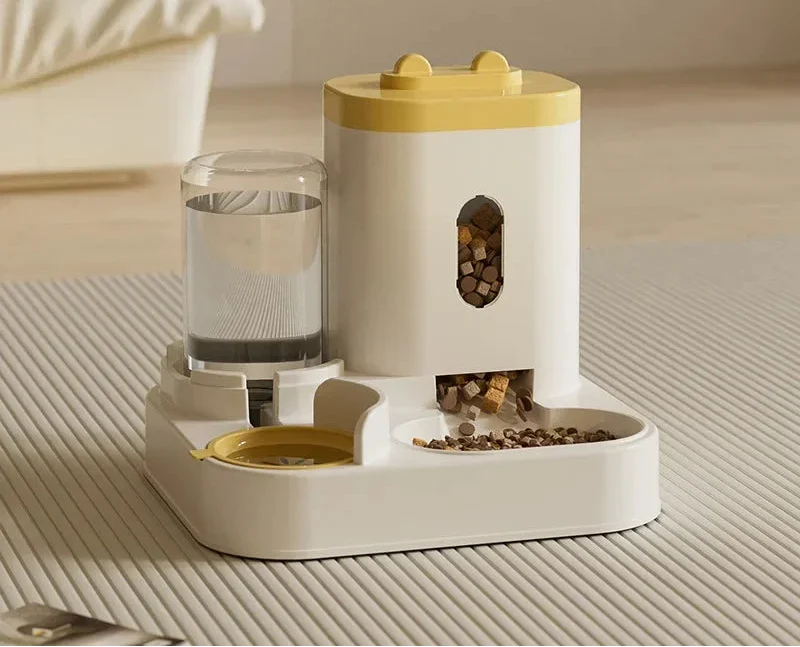 Automatic pet feeder with water fountain from MC THE BLACK DIAMOND, featuring a sleek food bowl and water dispenser for pets.