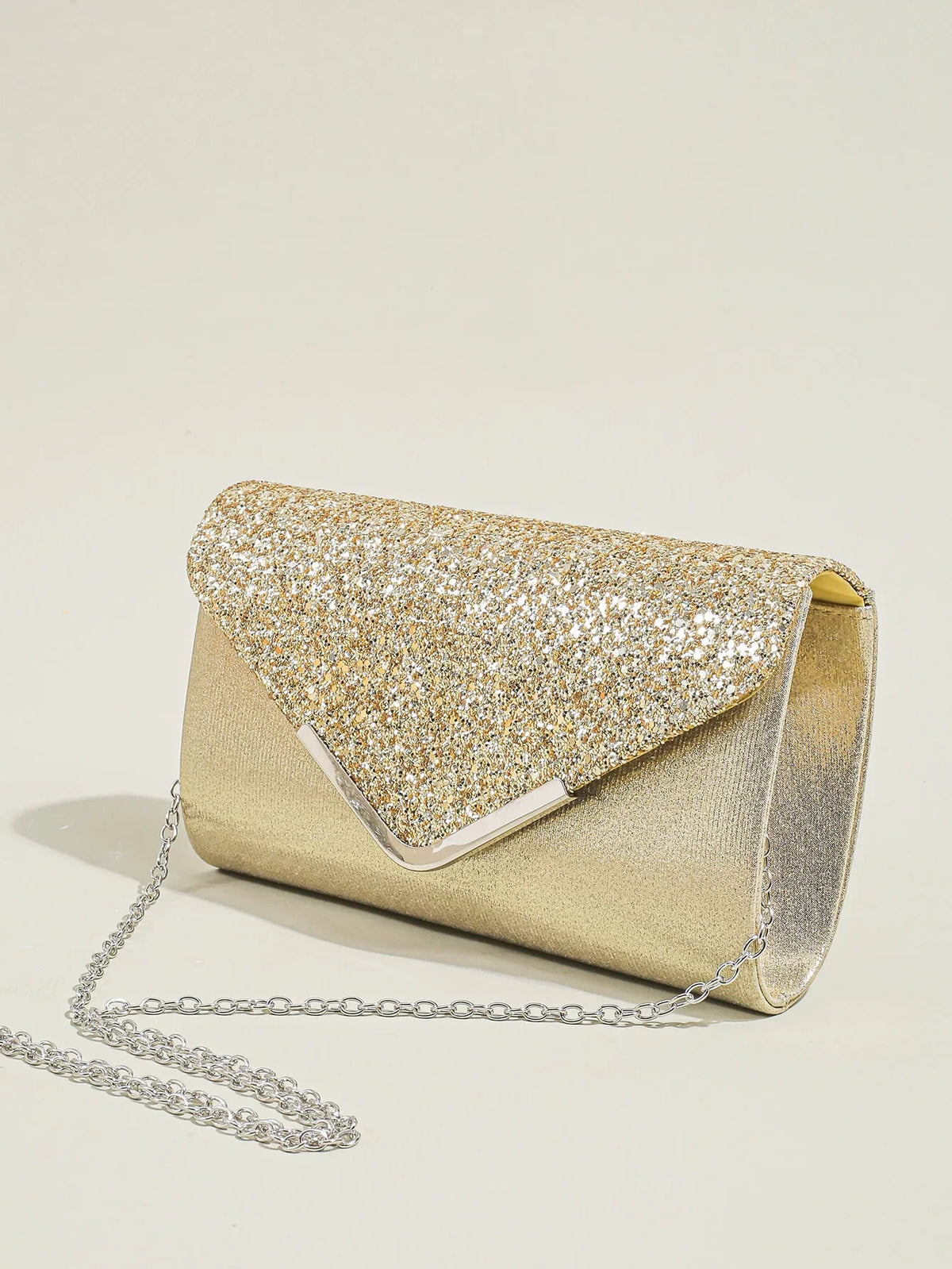 Women evening envelope handbag by Mohamamd Collection featuring sequins, chain strap, and sleek design for party and special occasions.