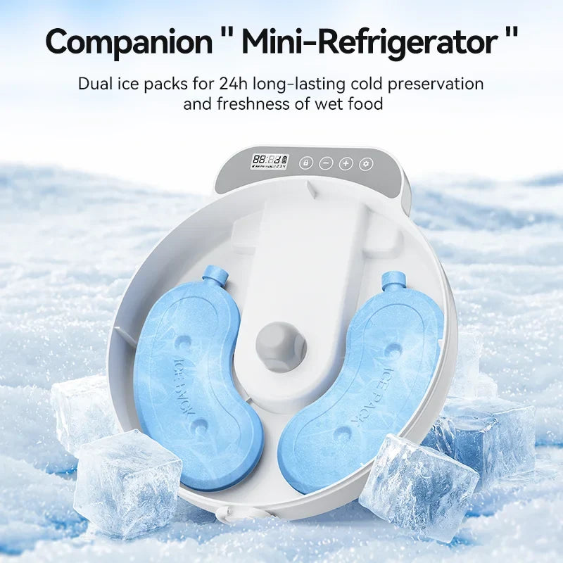Automatic pet feeder for cats and dogs by MC THE BLACK DIAMOND, dispensing wet and dry food with wireless smart technology.