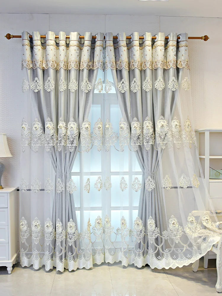 Elegant black double-layer curtains with embossed base and 3D embroidery, perfect for bedroom or living room decor.