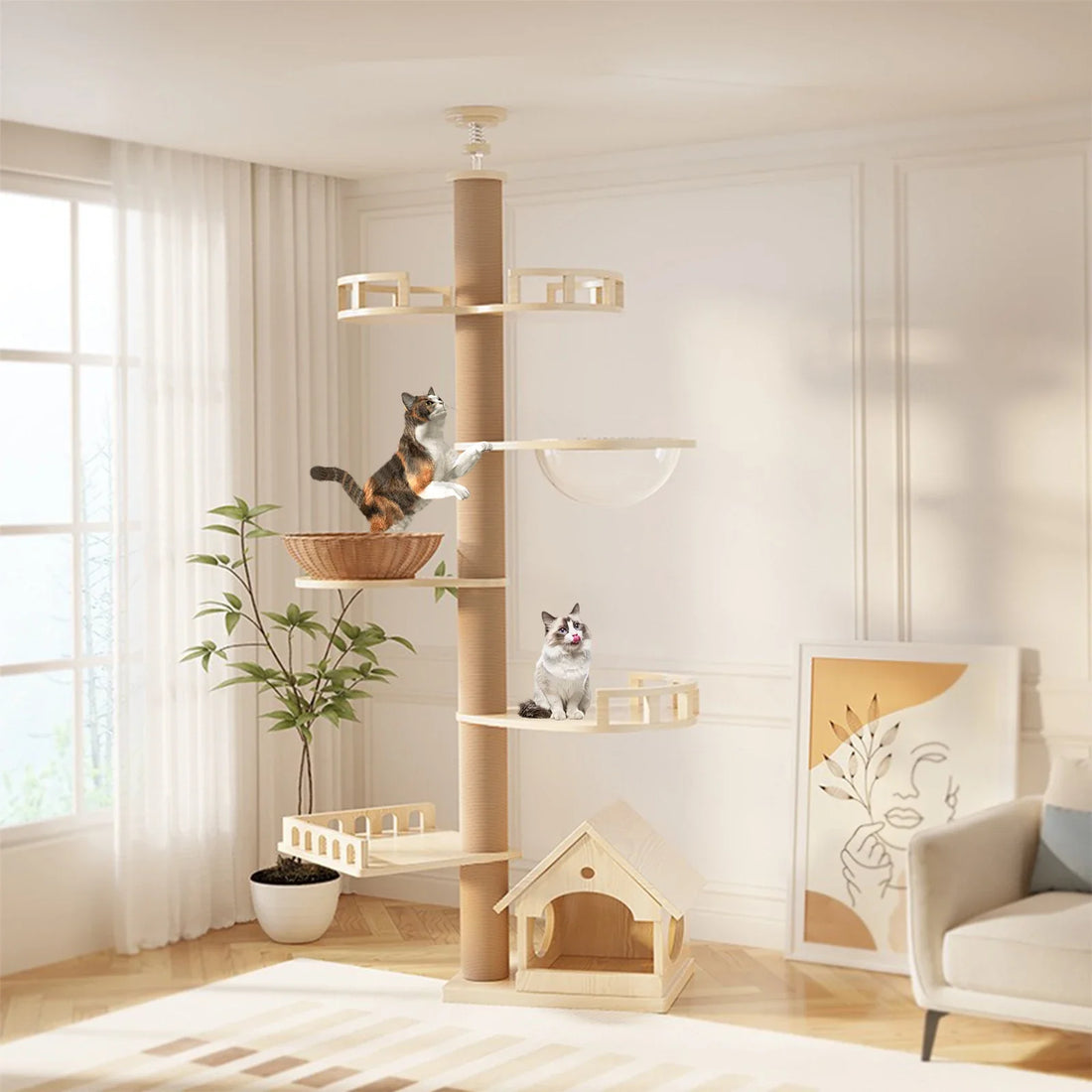 MC THE BLACK DIAMOND YXT Cat Tree with cat nest and perch, featuring a multi-level floor-to-ceiling tower for cats to scratch and rest.