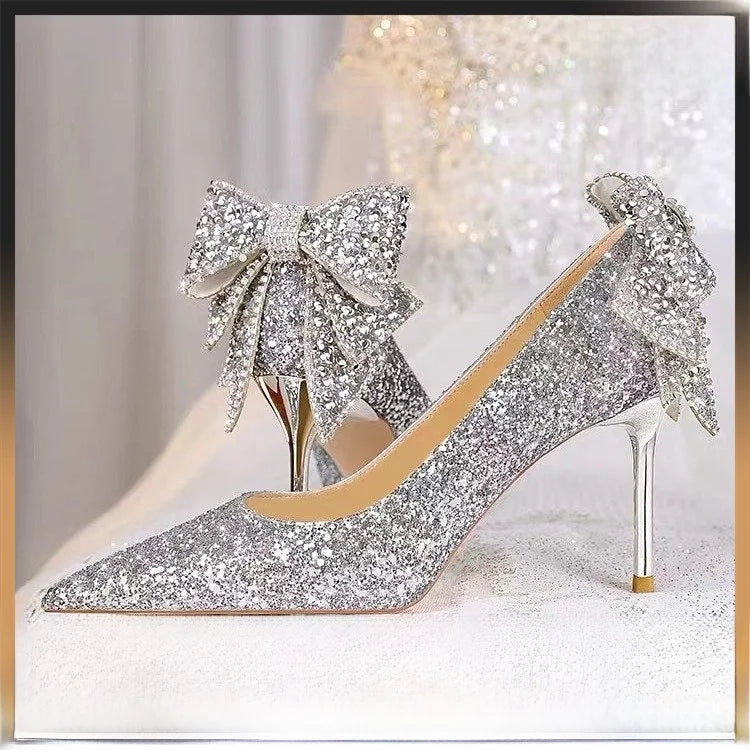 Silver crystal high heels slip-on shoes by Mohammad Collection with pointed toes, soft leather, perfect for weddings and formal events.