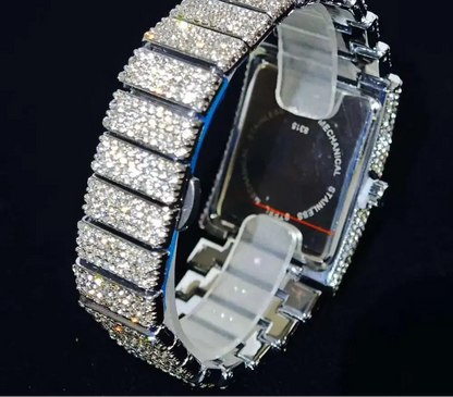 Luxury gold ice watch by MC THE BLACK DIAMOND featuring a diamond-studded rectangle quartz design for men.