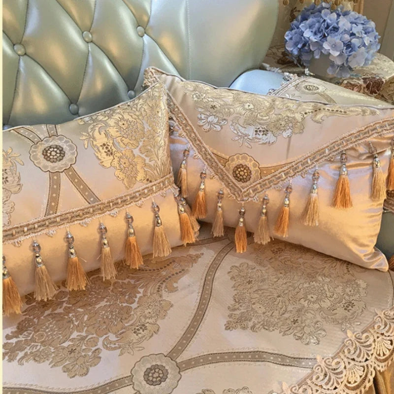 European luxury Jacquard tassel lace rectangular sofa pillow cover with decorative embroidery and large backrest cushion design.