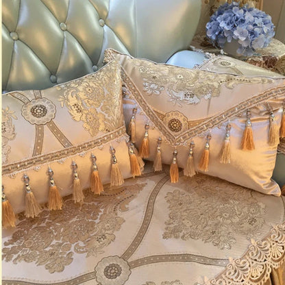 European luxury Jacquard tassel lace rectangular sofa pillow cover with decorative embroidery and large backrest cushion design.