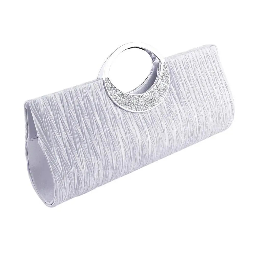 Luxury satin evening clutch bag for women with rhinestones, pleated design, shoulder strap, and elegant handbag style.