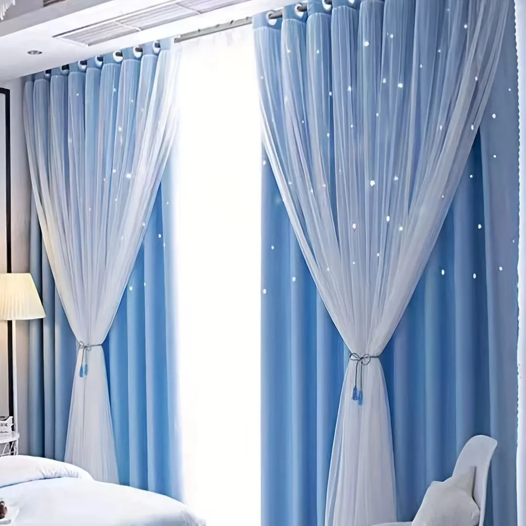 Blue double-layer princess curtains with two panels from MC THE BLACK DIAMOND, featuring elegant fabric design and window coverage