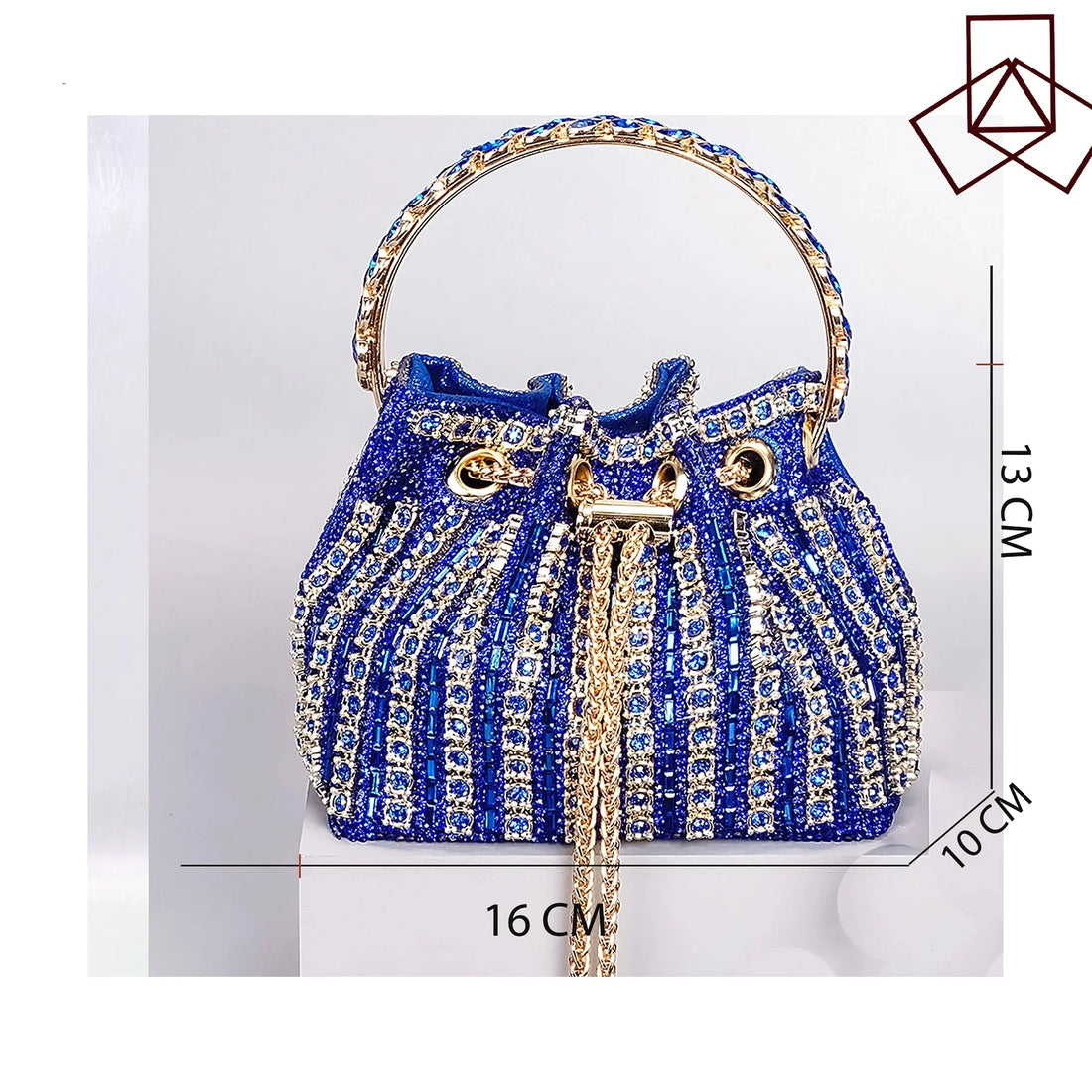 Royal blue MC THE BLACK DIAMOND high heels and metallic bucket bag with drill chain decoration, perfect for elegant banquets.