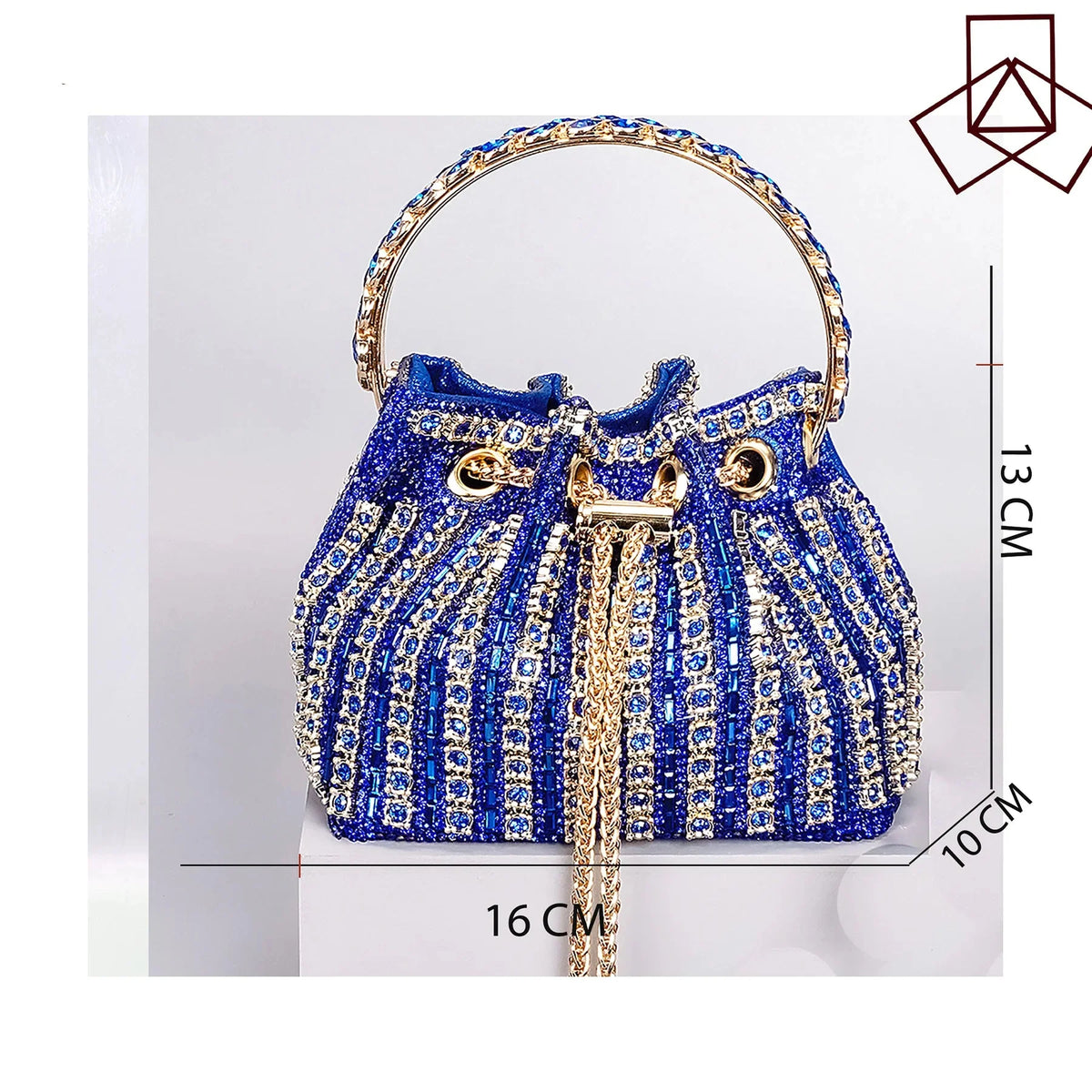 Royal blue MC THE BLACK DIAMOND high heels and metallic bucket bag with drill chain decoration, perfect for elegant banquets.