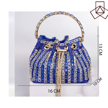 Royal blue MC THE BLACK DIAMOND high heels and metallic bucket bag with drill chain decoration, perfect for elegant banquets.