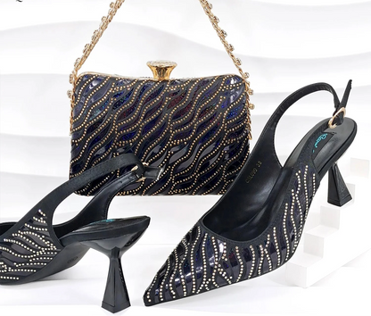Nigerian style women’s MC THE BLACK DIAMOND heels with pointed toes and shiny clutch bag for party fashion.