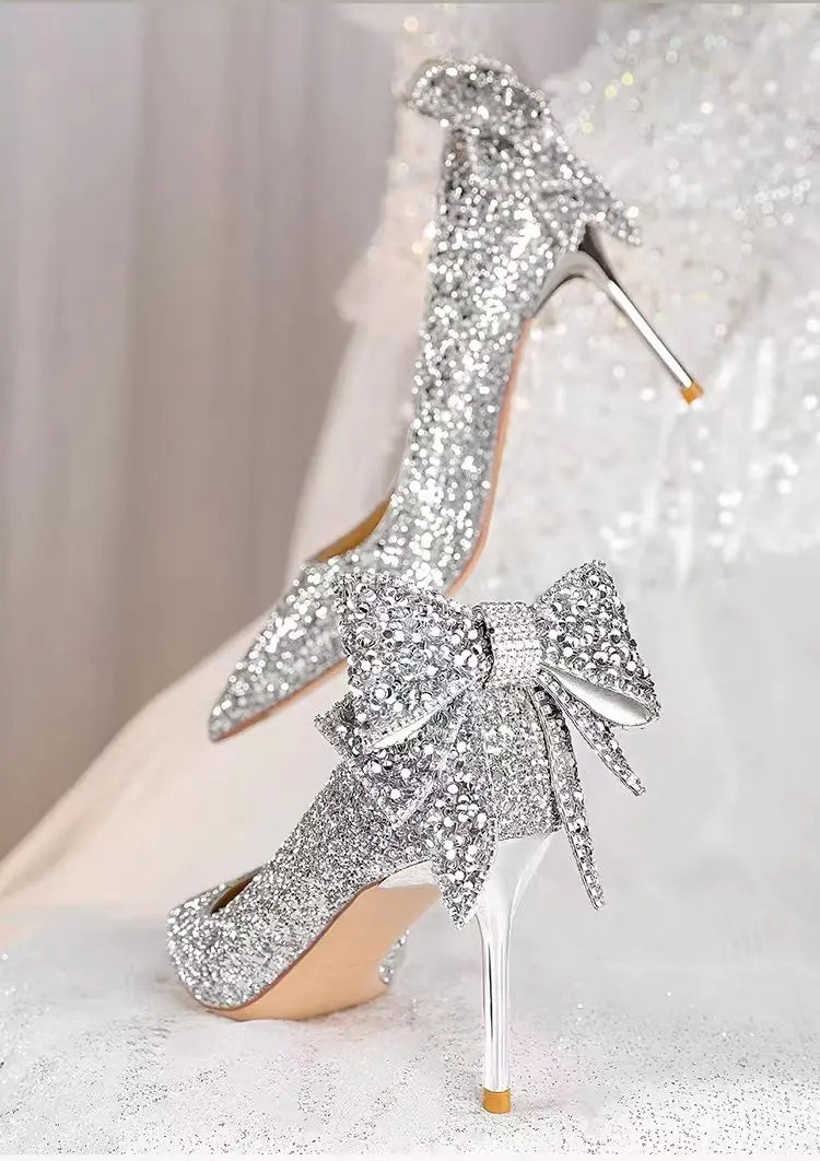 Silver crystal high heels slip-on shoes by Mohammad Collection with pointed toe, soft leather, for weddings and formal events.