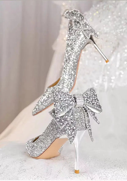 Silver crystal high heels slip-on shoes by Mohammad Collection with pointed toe, soft leather, for weddings and formal events.