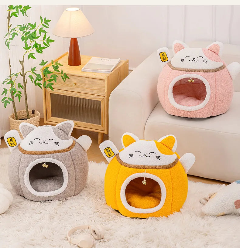 MC THE BLACK DIAMOND Lucky Fortune Cat Pet Bed, winter warm cave-style bed in semi-soft material for cozy feline comfort