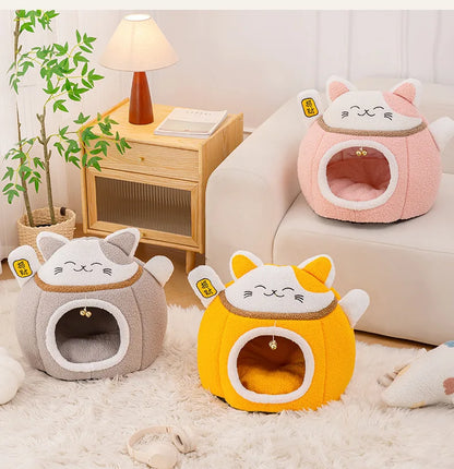 MC THE BLACK DIAMOND Lucky Fortune Cat Pet Bed, winter warm cave-style bed in semi-soft material for cozy feline comfort