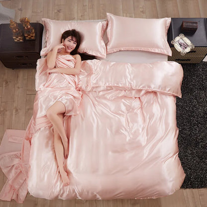 Luxury Mulberry satin bedding set with duvet cover and sheet, soft, silky texture, queen size, by 𝕄𝕔 𝕋𝕙𝕖 𝔹𝕝𝕒𝕔𝕜 𝔻�